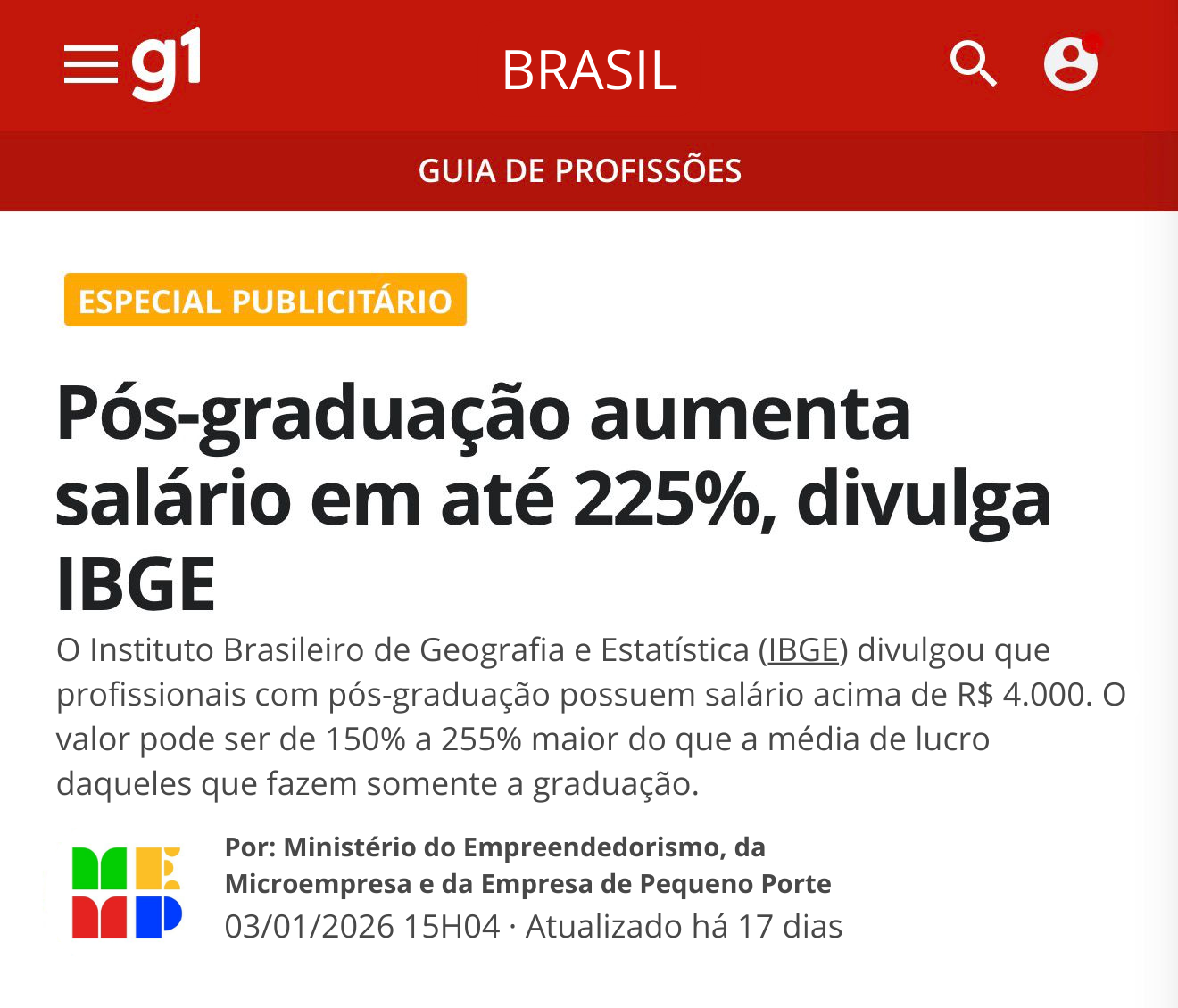 Noticia G1: Pos-graduacao aumenta salario em ate 225%, divulga IBGE